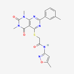 molecular formula C21H20N6O4S B2666582 2-{[6,8-dimethyl-2-(3-methylphenyl)-5,7-dioxo-5,6,7,8-tetrahydropyrimido[4,5-d]pyrimidin-4-yl]thio}-N-(5-methylisoxazol-3-yl)acetamide CAS No. 872688-28-3