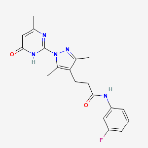 molecular formula C19H20FN5O2 B2666621 3-(3,5-二甲基-1-(4-甲基-6-氧代-1,6-二氢嘧啶-2-基)-1H-吡唑-4-基)-N-(3-氟苯基)丙酰胺 CAS No. 1172069-96-3