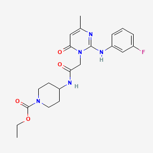molecular formula C21H26FN5O4 B2666632 ethyl 4-(2-(2-((3-fluorophenyl)amino)-4-methyl-6-oxopyrimidin-1(6H)-yl)acetamido)piperidine-1-carboxylate CAS No. 1421481-70-0