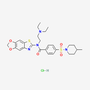 molecular formula C27H35ClN4O5S2 B2666646 N-([1,3]dioxolo[4',5':4,5]benzo[1,2-d]thiazol-6-yl)-N-(2-(diethylamino)ethyl)-4-((4-methylpiperidin-1-yl)sulfonyl)benzamide hydrochloride CAS No. 1322204-24-9