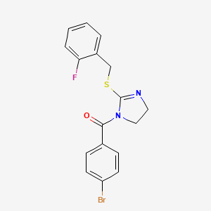 molecular formula C17H14BrFN2OS B2666648 (4-bromophenyl)(2-((2-fluorobenzyl)thio)-4,5-dihydro-1H-imidazol-1-yl)methanone CAS No. 851806-98-9