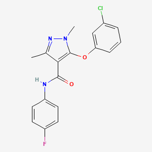 molecular formula C18H15ClFN3O2 B2666659 5-(3-chlorophenoxy)-N-(4-fluorophenyl)-1,3-dimethyl-1H-pyrazole-4-carboxamide CAS No. 303997-93-5
