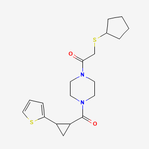 molecular formula C19H26N2O2S2 B2666710 2-(Cyclopentylthio)-1-(4-(2-(thiophen-2-yl)cyclopropanecarbonyl)piperazin-1-yl)ethanone CAS No. 1209981-00-9
