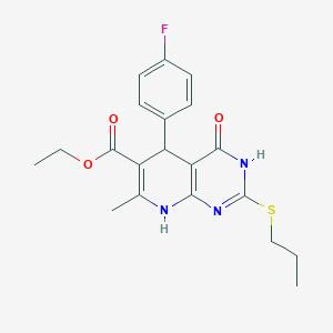 molecular formula C20H22FN3O3S B2666731 Ethyl 5-(4-fluorophenyl)-7-methyl-4-oxo-2-(propylthio)-3,4,5,8-tetrahydropyrido[2,3-d]pyrimidine-6-carboxylate CAS No. 878624-79-4