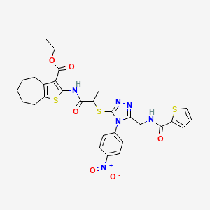 molecular formula C29H30N6O6S3 B2666852 ethyl 2-(2-((4-(4-nitrophenyl)-5-((thiophene-2-carboxamido)methyl)-4H-1,2,4-triazol-3-yl)thio)propanamido)-5,6,7,8-tetrahydro-4H-cyclohepta[b]thiophene-3-carboxylate CAS No. 393816-74-5