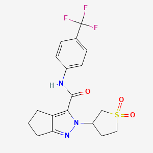 molecular formula C18H18F3N3O3S B2666893 2-(1,1-dioxidotetrahydrothiophen-3-yl)-N-(4-(trifluoromethyl)phenyl)-2,4,5,6-tetrahydrocyclopenta[c]pyrazole-3-carboxamide CAS No. 2309733-35-3
