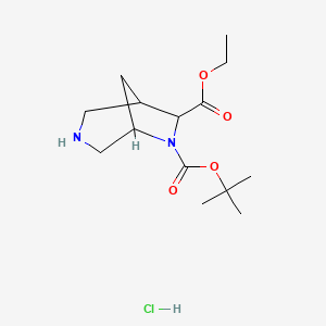 molecular formula C14H25ClN2O4 B2666900 6-O-叔丁基 7-O-乙基 3,6-二氮杂双环[3.2.1]辛烷-6,7-二羧酸酯；盐酸盐 CAS No. 1427329-08-5