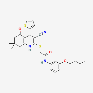 molecular formula C28H31N3O3S2 B2666920 N-(3-butoxyphenyl)-2-{[3-cyano-7,7-dimethyl-5-oxo-4-(thiophen-2-yl)-1,4,5,6,7,8-hexahydroquinolin-2-yl]sulfanyl}acetamide CAS No. 683793-86-4