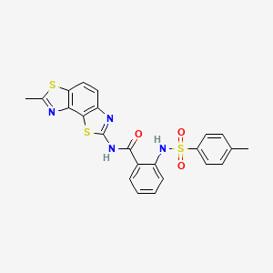 molecular formula C23H18N4O3S3 B2666962 N-{11-methyl-3,10-dithia-5,12-diazatricyclo[7.3.0.0^{2,6}]dodeca-1(9),2(6),4,7,11-pentaen-4-yl}-2-(4-methylbenzenesulfonamido)benzamide CAS No. 394227-53-3