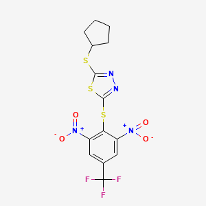 molecular formula C14H11F3N4O4S3 B2666976 2-Cyclopentylsulfanyl-5-[2,6-dinitro-4-(trifluoromethyl)phenyl]sulfanyl-1,3,4-thiadiazole CAS No. 477846-17-6