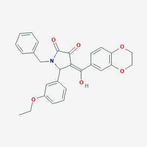 molecular formula C28H25NO6 B266698 (4E)-1-benzyl-4-[2,3-dihydro-1,4-benzodioxin-6-yl(hydroxy)methylidene]-5-(3-ethoxyphenyl)pyrrolidine-2,3-dione 