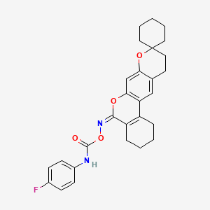 molecular formula C28H29FN2O4 B2667000 (E)-1H-3,4,10,11-tetrahydro-1H-spiro[benzo[c]pyrano[3,2-g]chromene-9,1'-cyclohexan]-5(2H)-one O-((4-fluorophenyl)carbamoyl) oxime CAS No. 1334377-10-4