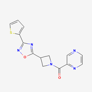 molecular formula C14H11N5O2S B2667002 Pyrazin-2-yl(3-(3-(thiophen-2-yl)-1,2,4-oxadiazol-5-yl)azetidin-1-yl)methanone CAS No. 1325687-41-9