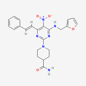 molecular formula C23H24N6O4 B2667005 (E)-1-(4-((furan-2-ylmethyl)amino)-5-nitro-6-styrylpyrimidin-2-yl)piperidine-4-carboxamide CAS No. 1212789-17-7
