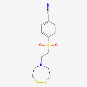 molecular formula C13H16N2O2S3 B2667040 4-[2-(1,2,5-Dithiazepan-5-yl)ethylsulfonyl]benzonitrile CAS No. 2193316-87-7