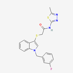 molecular formula C20H17FN4OS2 B2667069 2-[1-[(3-fluorophenyl)methyl]indol-3-yl]sulfanyl-N-(5-methyl-1,3,4-thiadiazol-2-yl)acetamide CAS No. 450347-27-0