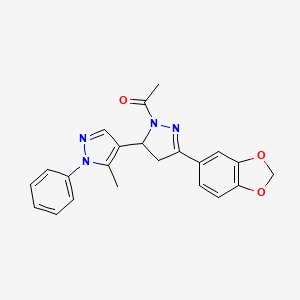 molecular formula C22H20N4O3 B2667087 1-(5-(benzo[d][1,3]dioxol-5-yl)-5'-methyl-1'-phenyl-3,4-dihydro-1'H,2H-[3,4'-bipyrazol]-2-yl)ethanone CAS No. 2062290-21-3