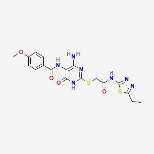 molecular formula C18H19N7O4S2 B2667101 N-(4-氨基-2-((2-((5-乙基-1,3,4-噻二唑-2-基)氨基)-2-氧代乙基)硫)-6-氧代-1,6-二氢嘧啶-5-基)-4-甲氧基苯甲酰胺 CAS No. 888418-76-6