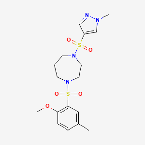 molecular formula C17H24N4O5S2 B2667122 1-((2-甲氧基-5-甲基苯基)磺酰基)-4-((1-甲基-1H-吡唑-4-基)磺酰基)-1,4-二氮杂环庚烷 CAS No. 2034402-86-1