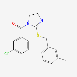 molecular formula C18H17ClN2OS B2667138 (3-Chlorophenyl)-[2-[(3-methylphenyl)methylsulfanyl]-4,5-dihydroimidazol-1-yl]methanone CAS No. 851803-41-3