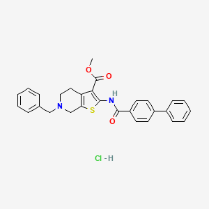 molecular formula C29H27ClN2O3S B2667186 Methyl 2-([1,1'-biphenyl]-4-ylcarboxamido)-6-benzyl-4,5,6,7-tetrahydrothieno[2,3-c]pyridine-3-carboxylate hydrochloride CAS No. 1185043-62-2