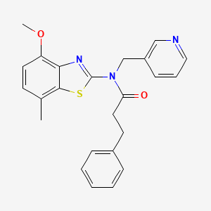 molecular formula C24H23N3O2S B2667200 N-(4-methoxy-7-methylbenzo[d]thiazol-2-yl)-3-phenyl-N-(pyridin-3-ylmethyl)propanamide CAS No. 895428-40-7