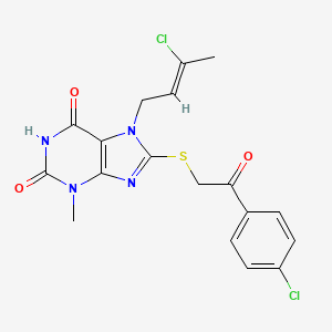 molecular formula C18H16Cl2N4O3S B2667227 (Z)-7-(3-氯丁-2-烯-1-基)-8-((2-(4-氯苯基)-2-氧代乙基)硫代)-3-甲基-1H-嘌呤-2,6(3H,7H)-二酮 CAS No. 316361-42-9