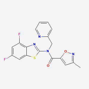 molecular formula C18H12F2N4O2S B2667249 N-(4,6-difluorobenzo[d]thiazol-2-yl)-3-methyl-N-(pyridin-2-ylmethyl)isoxazole-5-carboxamide CAS No. 946285-09-2