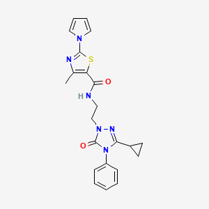 molecular formula C22H22N6O2S B2667252 N-(2-(3-cyclopropyl-5-oxo-4-phenyl-4,5-dihydro-1H-1,2,4-triazol-1-yl)ethyl)-4-methyl-2-(1H-pyrrol-1-yl)thiazole-5-carboxamide CAS No. 1396686-04-6