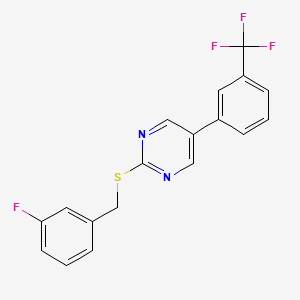 molecular formula C18H12F4N2S B2667270 3-Fluorobenzyl 5-[3-(trifluoromethyl)phenyl]-2-pyrimidinyl sulfide CAS No. 866136-19-8