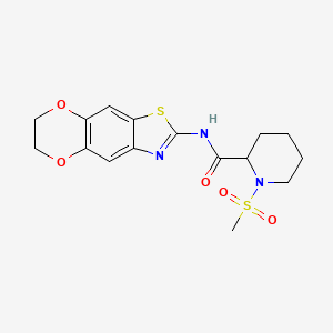 molecular formula C16H19N3O5S2 B2667347 N-(6,7-dihydro-[1,4]dioxino[2',3':4,5]benzo[1,2-d]thiazol-2-yl)-1-(methylsulfonyl)piperidine-2-carboxamide CAS No. 1214099-39-4