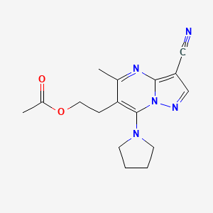 molecular formula C16H19N5O2 B2667362 2-[3-Cyano-5-methyl-7-(1-pyrrolidinyl)pyrazolo[1,5-a]pyrimidin-6-yl]ethyl acetate CAS No. 865658-53-3