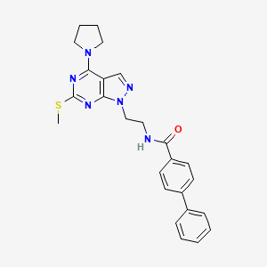 molecular formula C25H26N6OS B2667371 N-(2-(6-(甲硫基)-4-(吡咯啉-1-基)-1H-嘧啶并[3,4-d]嘧啶-1-基)乙基)-[1,1'-联苯]-4-甲酰胺 CAS No. 954054-21-8