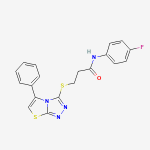 molecular formula C19H15FN4OS2 B2667490 N-(4-fluorophenyl)-3-((5-phenylthiazolo[2,3-c][1,2,4]triazol-3-yl)thio)propanamide CAS No. 671199-80-7