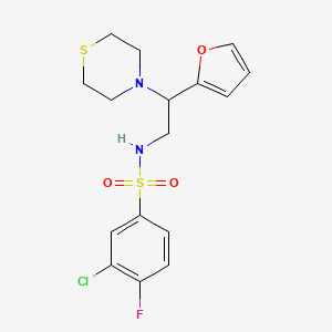 molecular formula C16H18ClFN2O3S2 B2667530 3-chloro-4-fluoro-N-(2-(furan-2-yl)-2-thiomorpholinoethyl)benzenesulfonamide CAS No. 2034566-82-8