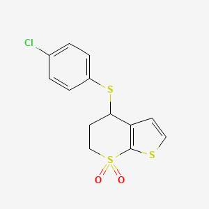 molecular formula C13H11ClO2S3 B2667532 4-(4-chlorophenyl)sulfanyl-5,6-dihydro-4H-thieno[2,3-b]thiopyran 7,7-dioxide CAS No. 339019-07-7