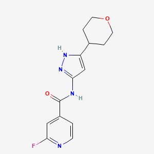 molecular formula C14H15FN4O2 B2667562 2-fluoro-N-[5-(oxan-4-yl)-1H-pyrazol-3-yl]pyridine-4-carboxamide CAS No. 1409936-43-1