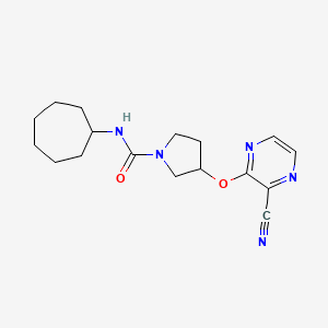 molecular formula C17H23N5O2 B2667588 3-((3-氰基吡嗪-2-基)氧基)-N-环庚基吡咯啉-1-甲酰胺 CAS No. 2034252-50-9