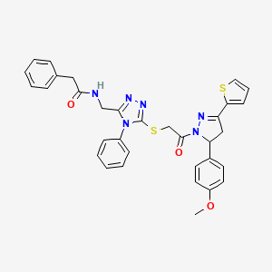 molecular formula C33H30N6O3S2 B2667632 N-((5-((2-(5-(4-甲氧基苯基)-3-(噻吩-2-基)-4,5-二氢-1H-吡唑-1-基)-2-氧代乙基)硫代)-4-苯基-4H-1,2,4-三唑-3-基)甲基)-2-苯乙酰胺 CAS No. 362505-47-3