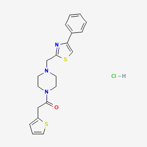 molecular formula C20H22ClN3OS2 B2667668 1-(4-((4-Phenylthiazol-2-yl)methyl)piperazin-1-yl)-2-(thiophen-2-yl)ethanone hydrochloride CAS No. 1327645-77-1