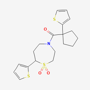 molecular formula C19H23NO3S3 B2667676 (1,1-二氧代-7-(噻吩-2-基)-1,4-噻唑烷-4-基)(1-(噻吩-2-基)环戊基)甲酮 CAS No. 2034514-31-1