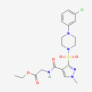 molecular formula C19H24ClN5O5S B2667821 ethyl 2-(3-((4-(3-chlorophenyl)piperazin-1-yl)sulfonyl)-1-methyl-1H-pyrazole-4-carboxamido)acetate CAS No. 1189462-53-0