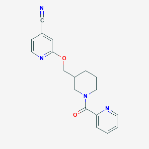 molecular formula C18H18N4O2 B2667954 2-[[1-(Pyridine-2-carbonyl)piperidin-3-yl]methoxy]pyridine-4-carbonitrile CAS No. 2380043-81-0