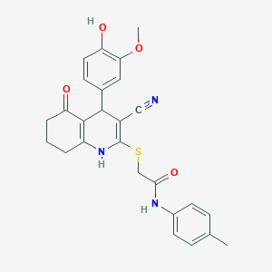 molecular formula C26H25N3O4S B266803 2-{[3-cyano-4-(4-hydroxy-3-methoxyphenyl)-5-oxo-1,4,5,6,7,8-hexahydro-2-quinolinyl]sulfanyl}-N-(4-methylphenyl)acetamide 