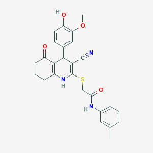molecular formula C26H25N3O4S B266804 2-{[3-cyano-4-(4-hydroxy-3-methoxyphenyl)-5-oxo-1,4,5,6,7,8-hexahydro-2-quinolinyl]sulfanyl}-N-(3-methylphenyl)acetamide 