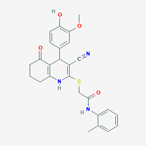 molecular formula C26H25N3O4S B266806 2-{[3-cyano-4-(4-hydroxy-3-methoxyphenyl)-5-oxo-1,4,5,6,7,8-hexahydro-2-quinolinyl]sulfanyl}-N-(2-methylphenyl)acetamide 