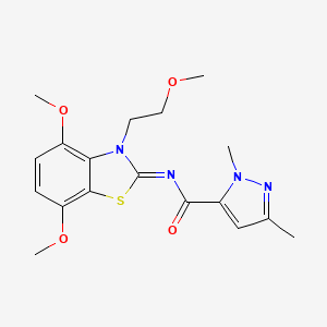 molecular formula C18H22N4O4S B2668077 (Z)-N-(4,7-二甲氧基-3-(2-甲氧基乙基)苯并[d]噻唑-2(3H)-基亚甲基)-1,3-二甲基-1H-吡唑-5-甲酰胺 CAS No. 1013809-10-3