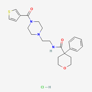 molecular formula C23H30ClN3O3S B2668090 4-phenyl-N-(2-(4-(thiophene-3-carbonyl)piperazin-1-yl)ethyl)tetrahydro-2H-pyran-4-carboxamide hydrochloride CAS No. 1351600-93-5