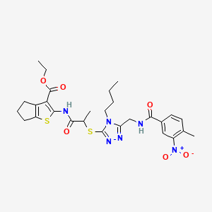 molecular formula C28H34N6O6S2 B2668091 ethyl 2-[2-[[4-butyl-5-[[(4-methyl-3-nitrobenzoyl)amino]methyl]-1,2,4-triazol-3-yl]sulfanyl]propanoylamino]-5,6-dihydro-4H-cyclopenta[b]thiophene-3-carboxylate CAS No. 393815-23-1