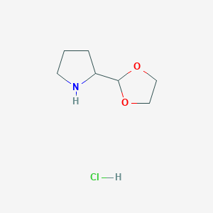 molecular formula C7H14ClNO2 B2668095 2-(1,3-二氧杂环戊烷-2-基)吡咯啉；盐酸 CAS No. 2137765-92-3